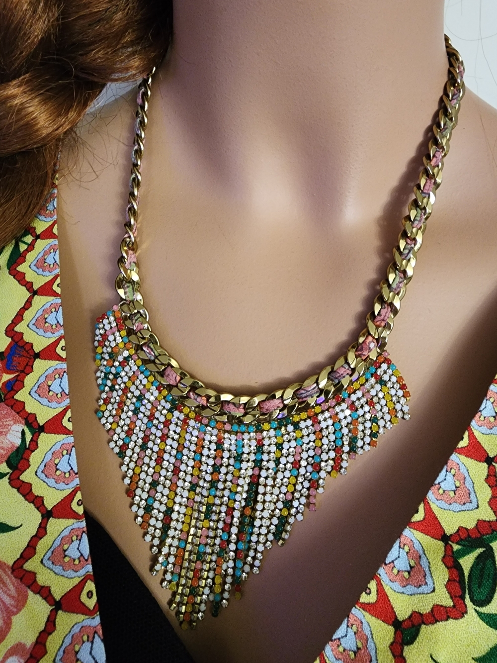 Deepa Gurnani Gold Chain Multicolor Fringe Crystal Necklace